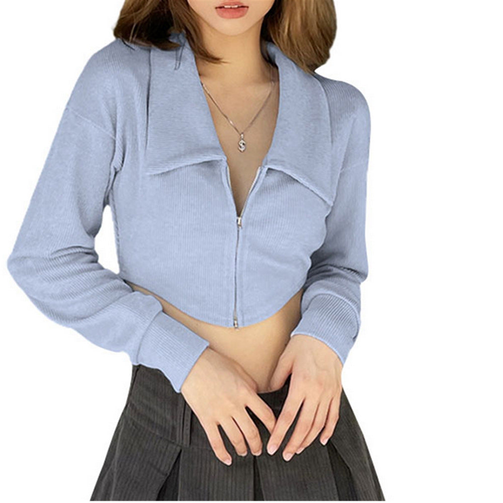 Zip-Neck Crop Cardigan Casual T-Shirt