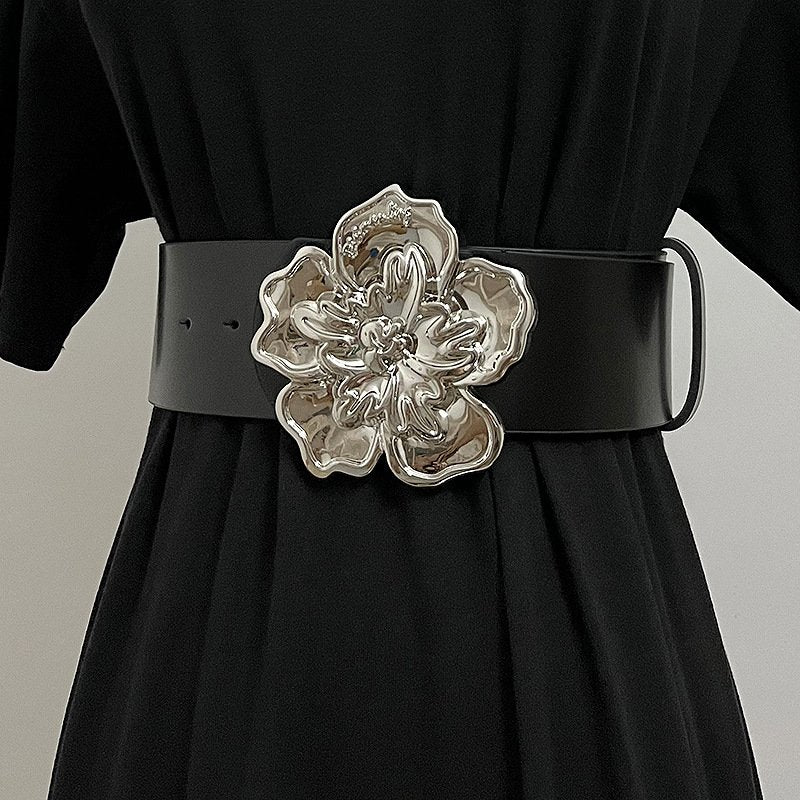 Thick Black Leather Belt with Floral Silver Buckle