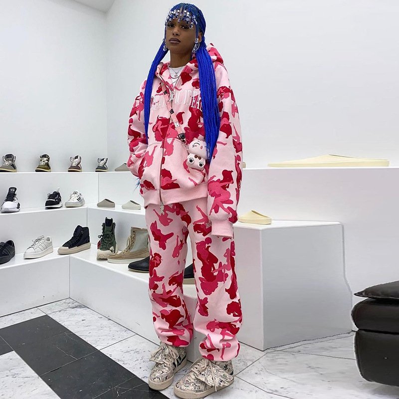 Women's Irregular Print Hooded Coat Set