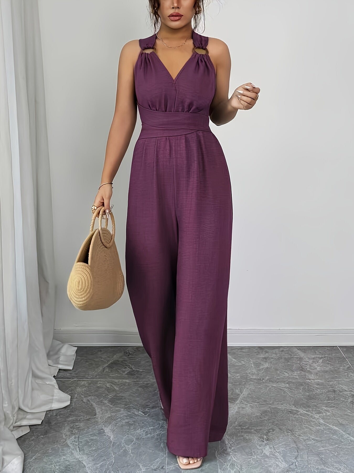 Elegant Backless Crossover Wide-Leg Jumpsuit