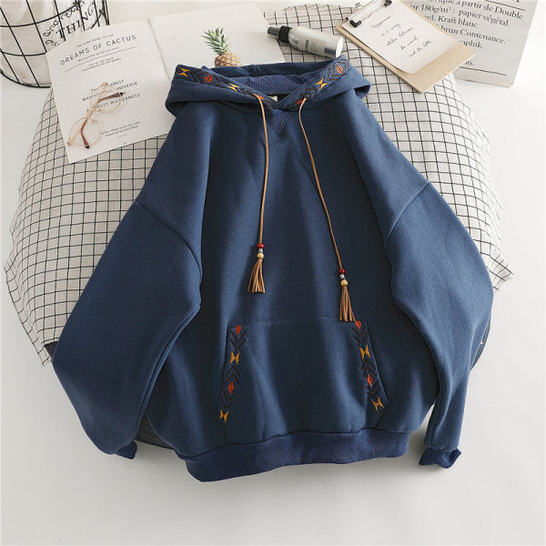 Korean Style Geometric Embroidered Loose Hoodie