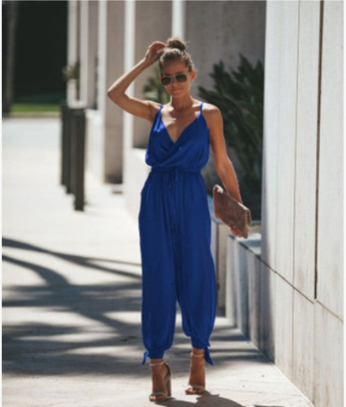 Sexy Backless V-Neck Printed Jumpsuit with Pockets