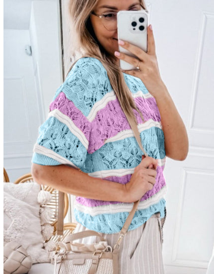 Purple Stripe Color Block Hollow Out Crochet Half Sleeve Sweater