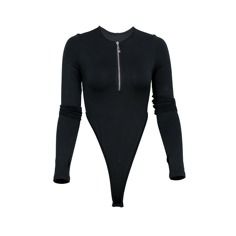 Solid Color Plus Velvet Long-Sleeved Zipper Round Neck High-Fork Bodysuit