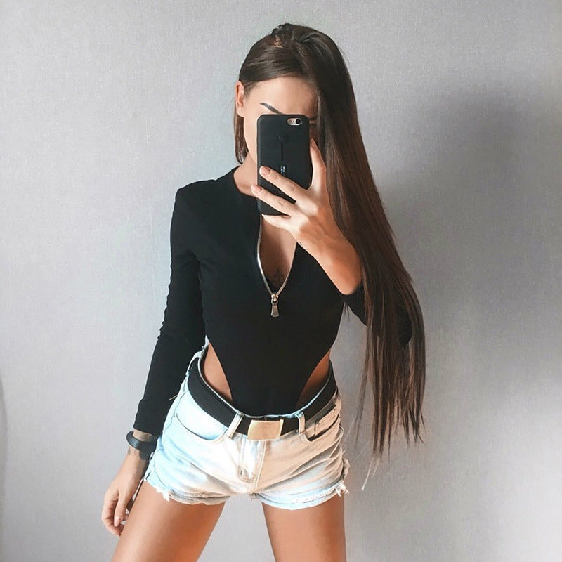 Solid Color Plus Velvet Long-Sleeved Zipper Round Neck High-Fork Bodysuit