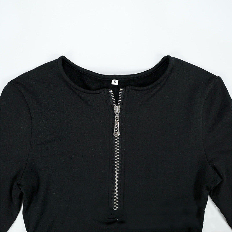 Solid Color Plus Velvet Long-Sleeved Zipper Round Neck High-Fork Bodysuit