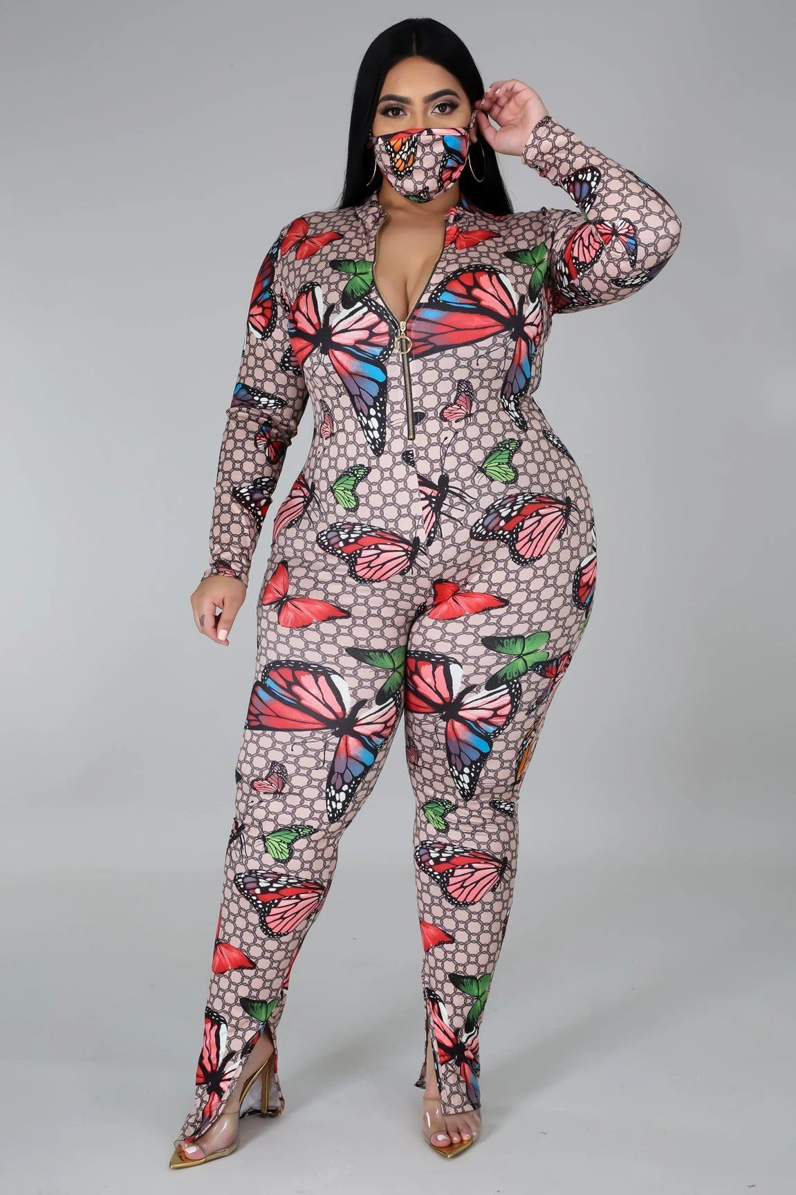European and American Plus Size Fat Woman Stretch Digital Print Jumpsuit