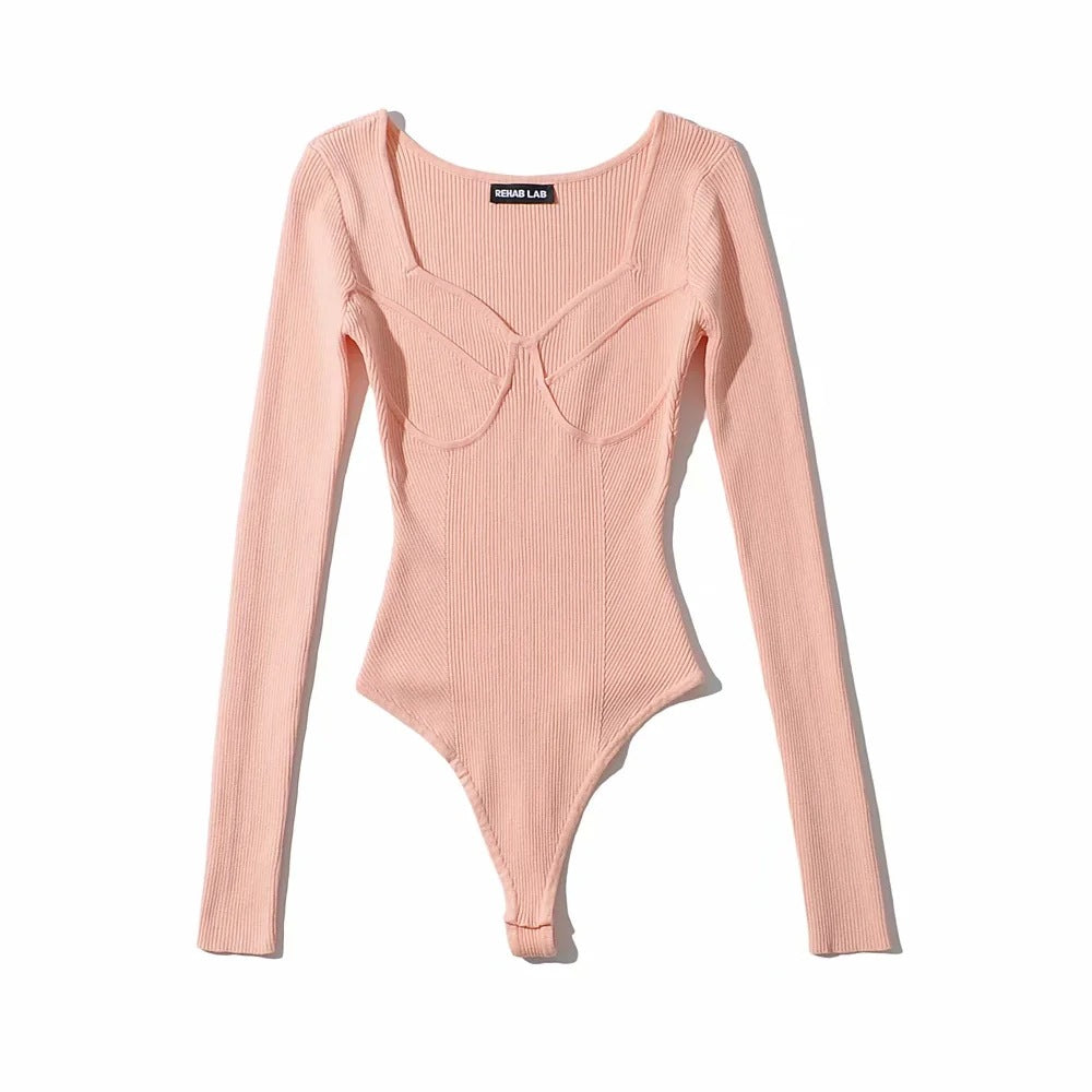 Korean Slim-fit U-neck Geometric Three-dimensional Textured Long Sleeve Knitted One-piece with Concealed Button