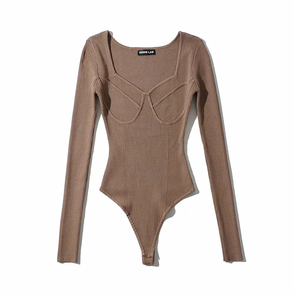 Korean Slim-fit U-neck Geometric Three-dimensional Textured Long Sleeve Knitted One-piece with Concealed Button