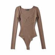 Korean Slim-fit U-neck Geometric Three-dimensional Textured Long Sleeve Knitted One-piece with Concealed Button