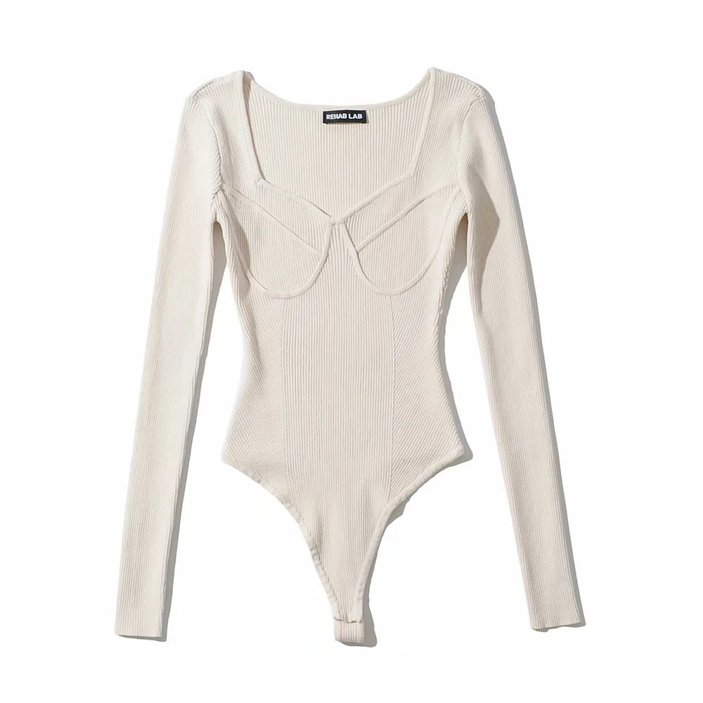 Korean Slim-fit U-neck Geometric Three-dimensional Textured Long Sleeve Knitted One-piece with Concealed Button