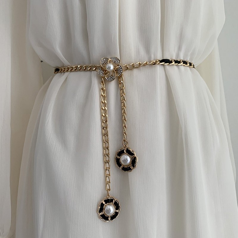 Metal Thin Waist Chain Pearl Inlaid Decorated Sweater Dress for Women