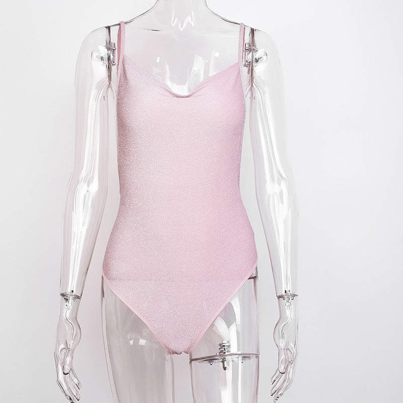 Sexy Girl Pink Halter Shiny Suspender Jumpsuit Bottoming Top One-Piece Vest