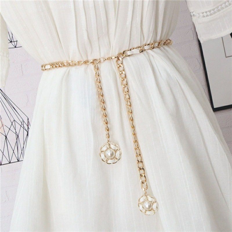 Thin Waist Chain Belt for Women - Black and White Mosaic Style