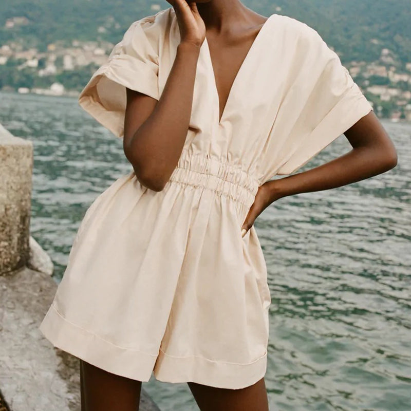 Pleated Jumpsuit Elastic Waist V-neck Shorts