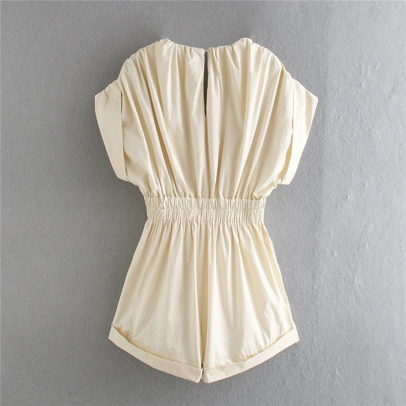 Pleated Jumpsuit Elastic Waist V-neck Shorts