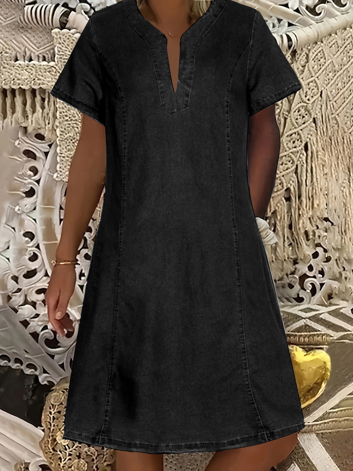 T-selling New Women's V-neck Pleated Pocket Short-sleeve Denim Dres…