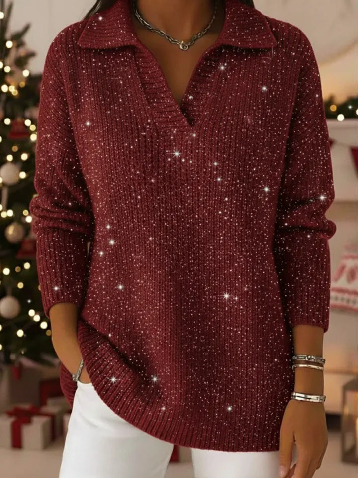 New Solid-color Long-sleeve Top Shimmering Sweater