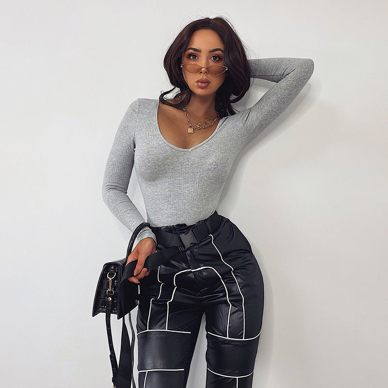 Autumn And Winter Sexy Slim Bottoming Long-sleeved T-shirt Solid Color One-piece Bottoming Shirt
