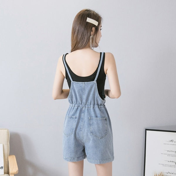 Denim Suspenders Shorts Loose And Slimming High Waist Wide Leg Suspenders
