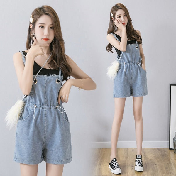 Denim Suspenders Shorts Loose And Slimming High Waist Wide Leg Suspenders