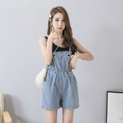 Denim Suspenders Shorts Loose And Slimming High Waist Wide Leg Suspenders