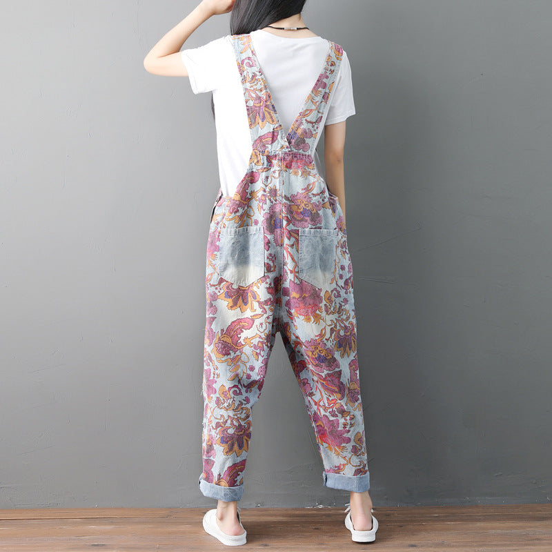 Spring And Summer Plus Size Bib National Wind Distressed Jeans Washed Ripped Suspenders