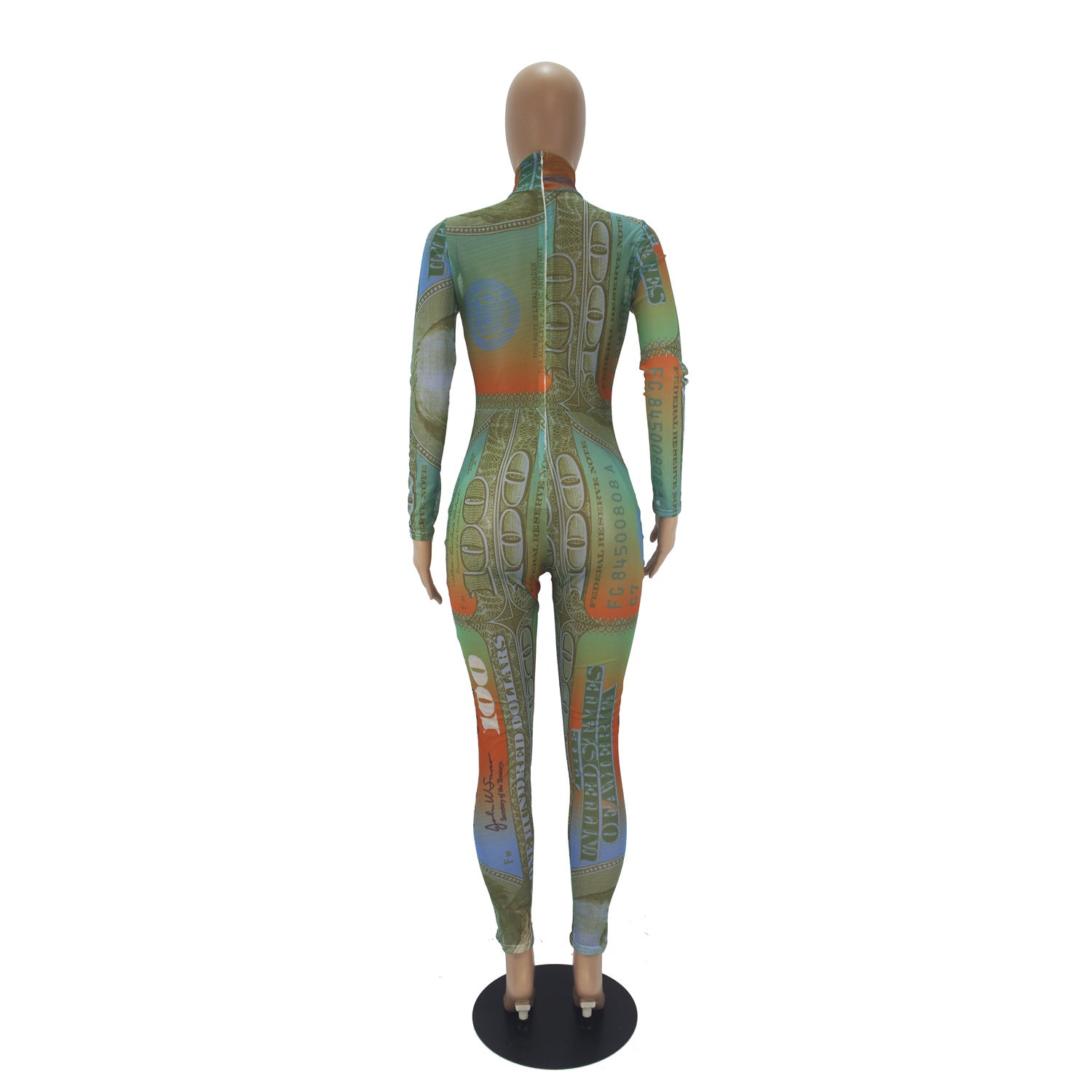 Sexy Dollar Positioning Printed Mesh Long Sleeve Jumpsuit