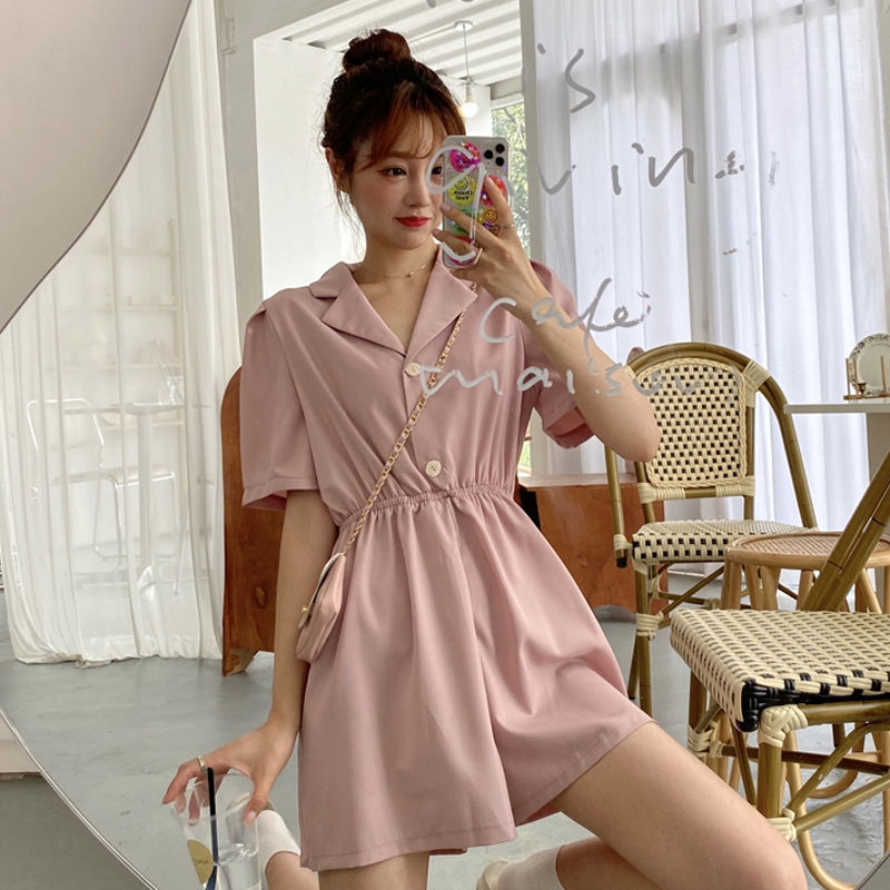 Suit Collar Purple Jumpsuit Summer New Korean Style High Waist Casual Pants Women Loose Straight Wide Leg Shorts