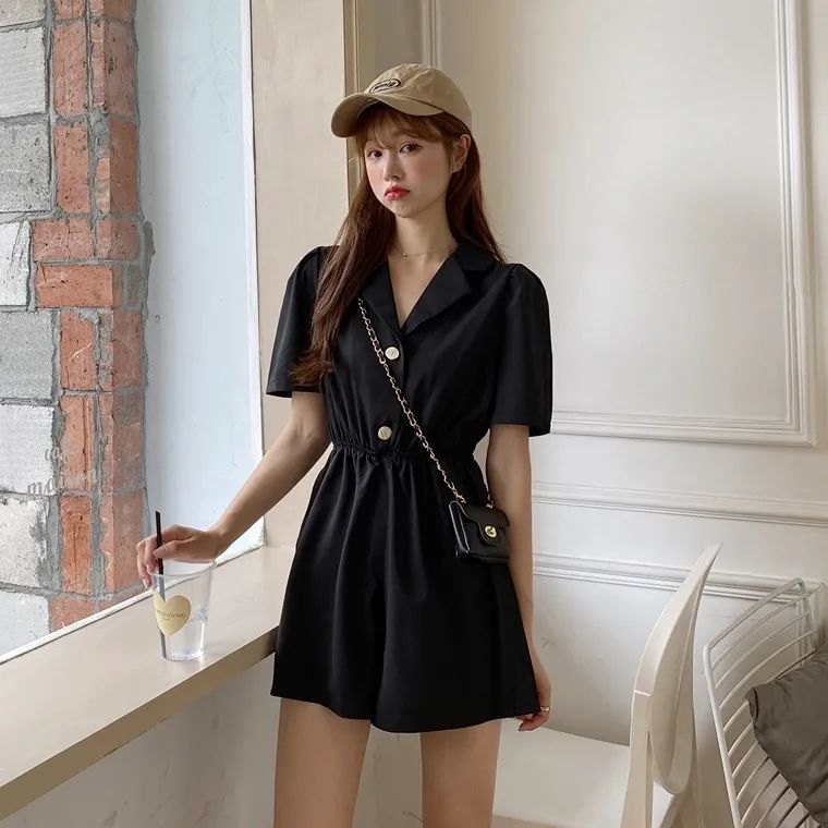 Suit Collar Purple Jumpsuit Summer New Korean Style High Waist Casual Pants Women Loose Straight Wide Leg Shorts