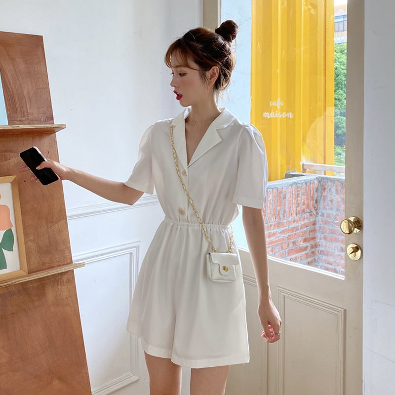 Suit Collar Purple Jumpsuit Summer New Korean Style High Waist Casual Pants Women Loose Straight Wide Leg Shorts