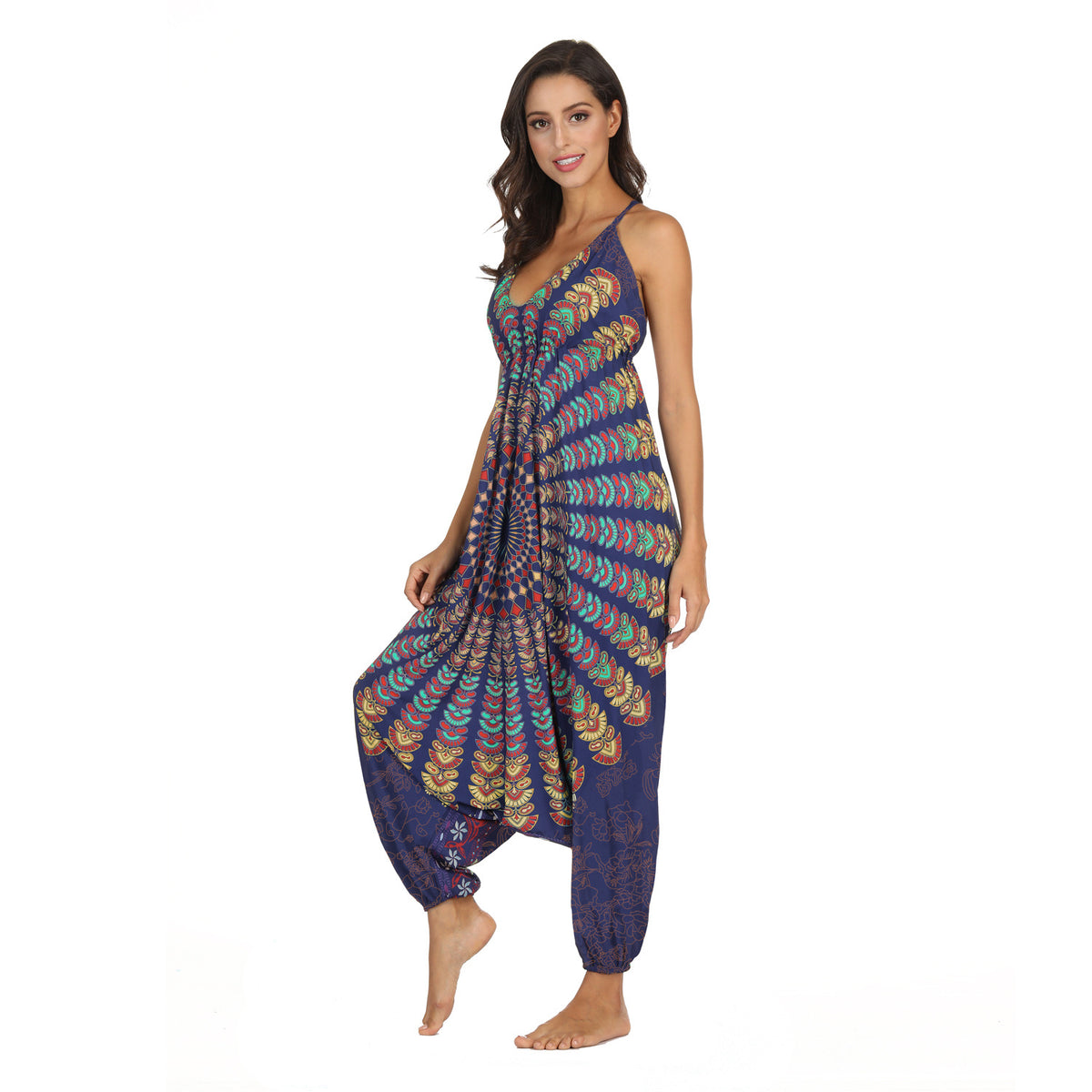 Cross-border Hot Style Ethnic Digital Printing Women's Sling Jumpsuit Wholesale Beach Leisure Sports Jumpsuit