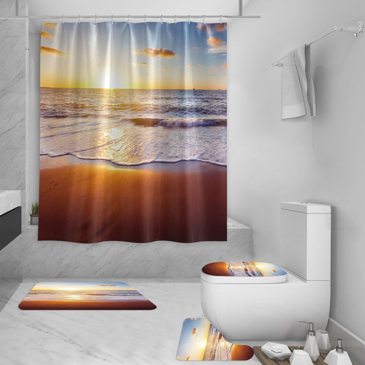 Shower Curtain Set 3d Sea View Beach Digital Printing Shower Curtain Waterproof Polyester