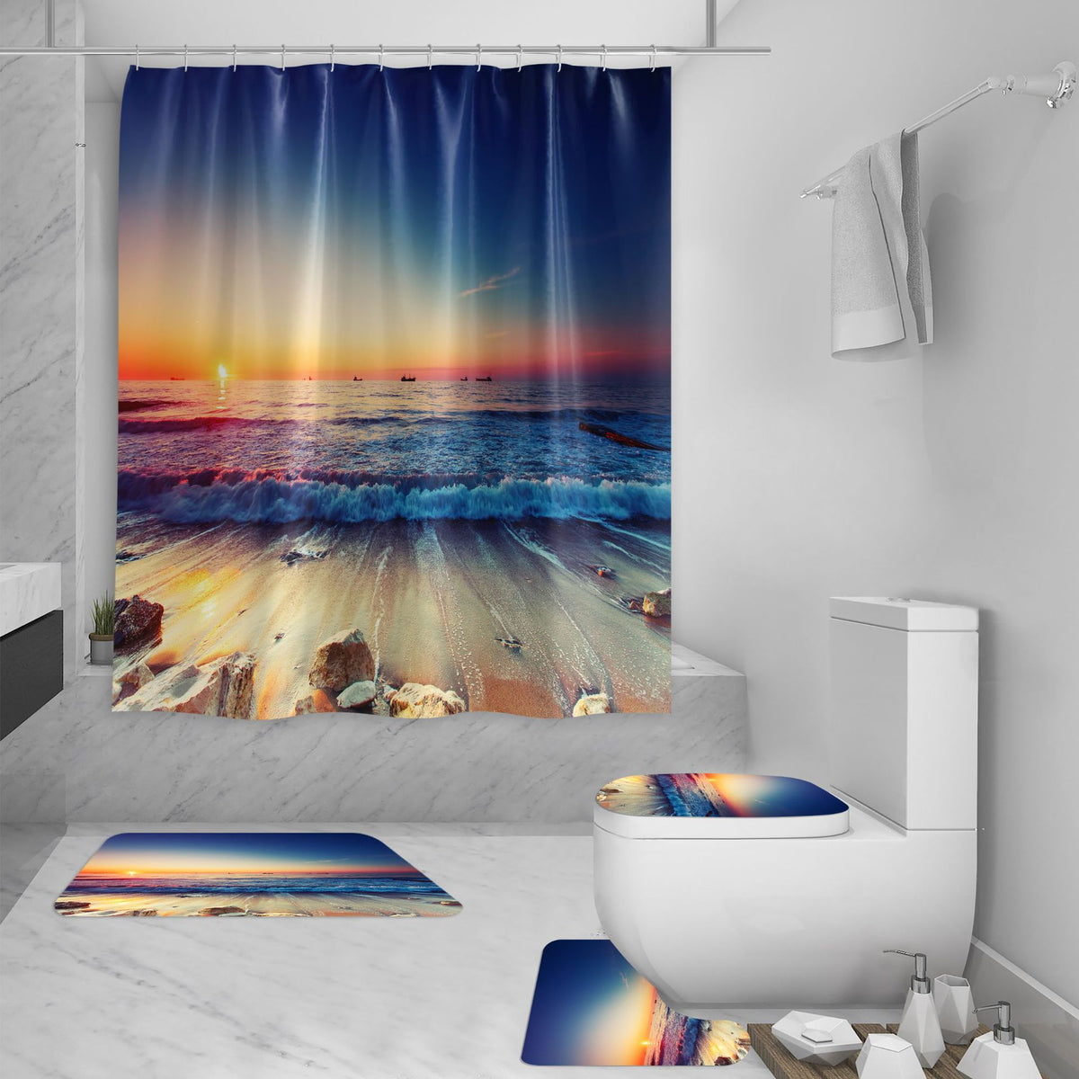 Shower Curtain Set 3d Sea View Beach Digital Printing Shower Curtain Waterproof Polyester