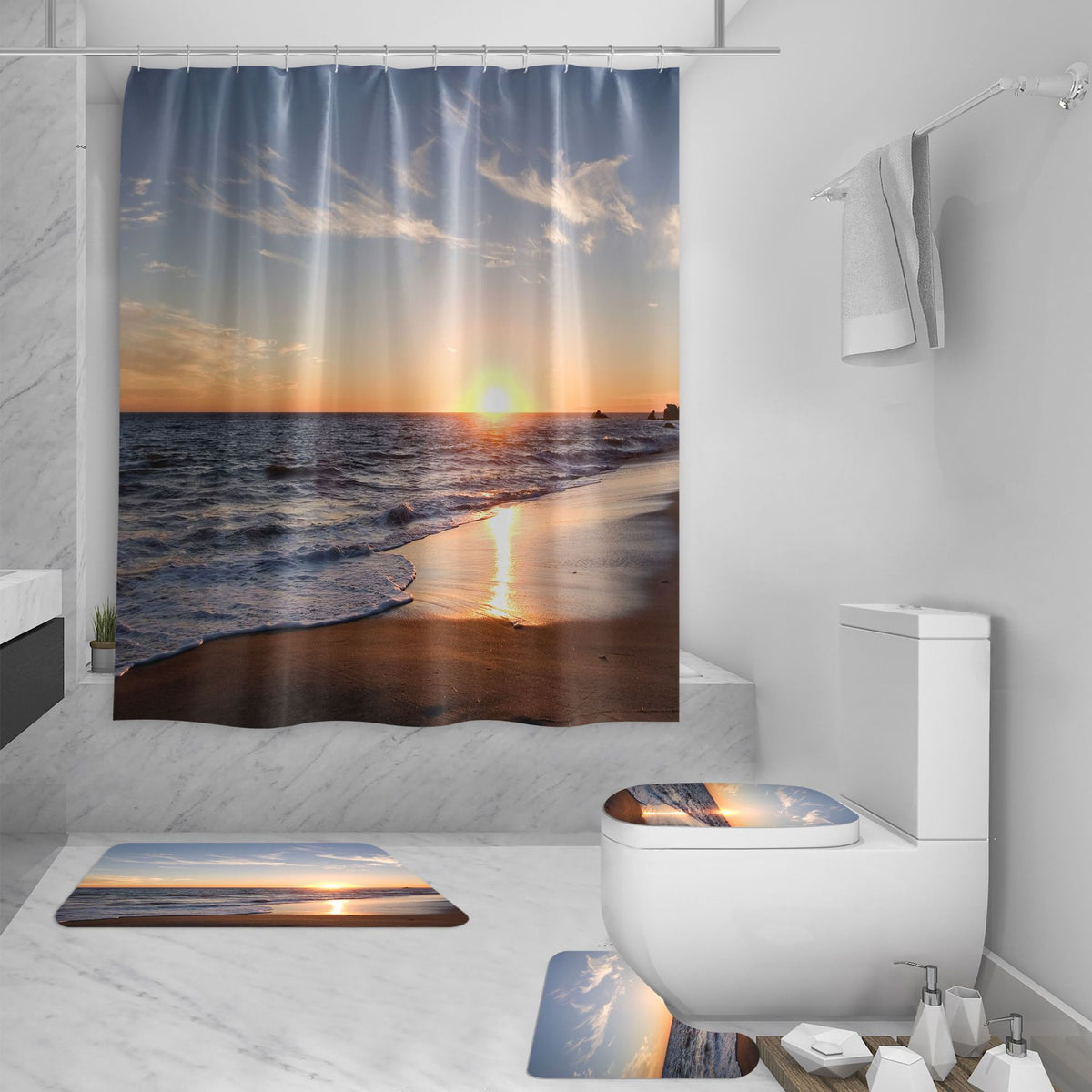 Shower Curtain Set 3d Sea View Beach Digital Printing Shower Curtain Waterproof Polyester