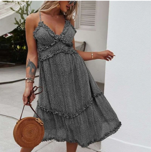 V-Neck Halter Floral Swing Dress with Backless Design