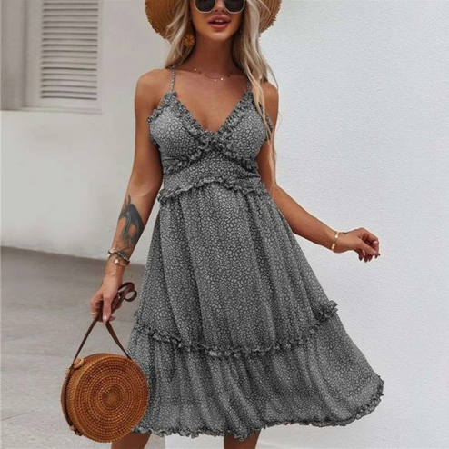 V-Neck Halter Floral Swing Dress with Backless Design