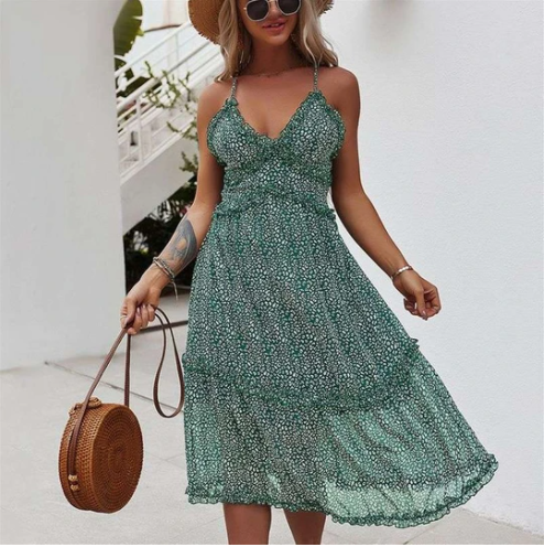 V-Neck Halter Floral Swing Dress with Backless Design