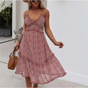 V-Neck Halter Floral Swing Dress with Backless Design