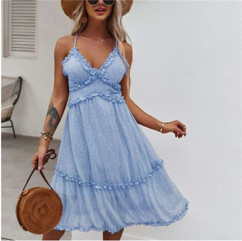 V-Neck Halter Floral Swing Dress with Backless Design