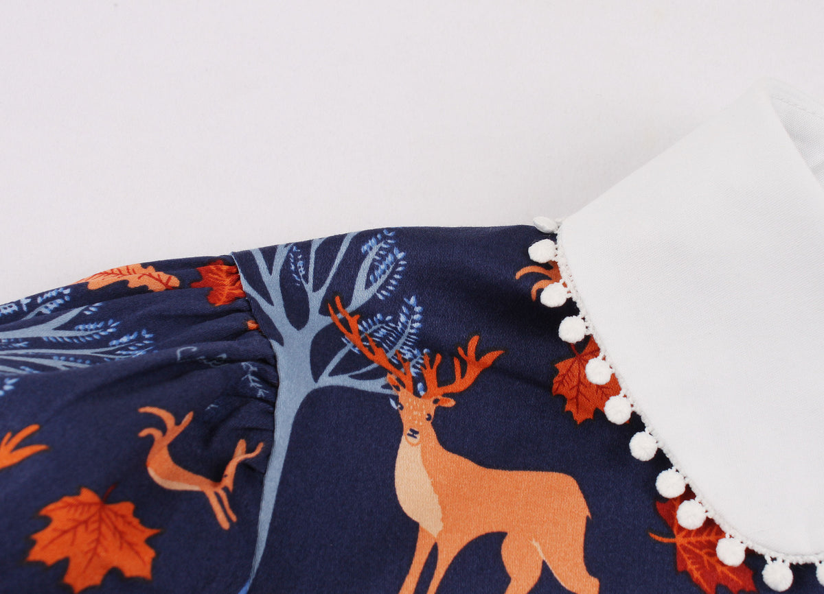 Vintage Blue Short-Sleeve Print Dress