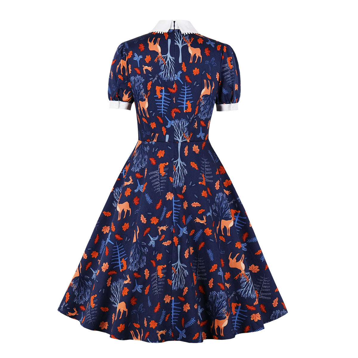 Vintage Blue Short-Sleeve Print Dress