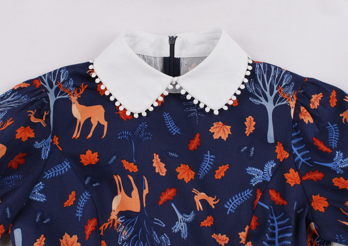 Vintage Blue Short-Sleeve Print Dress
