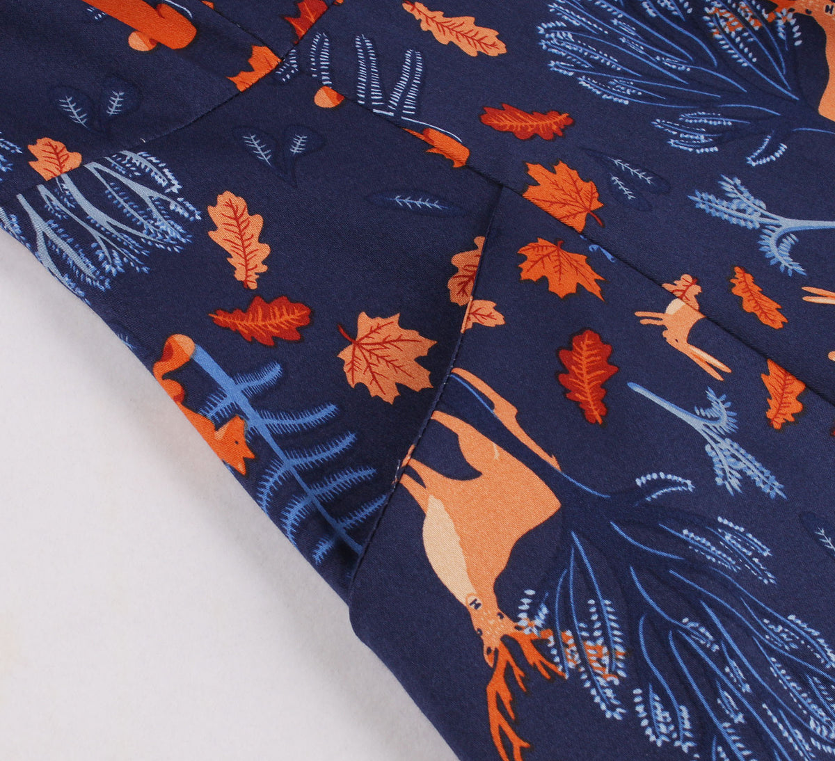 Vintage Blue Short-Sleeve Print Dress