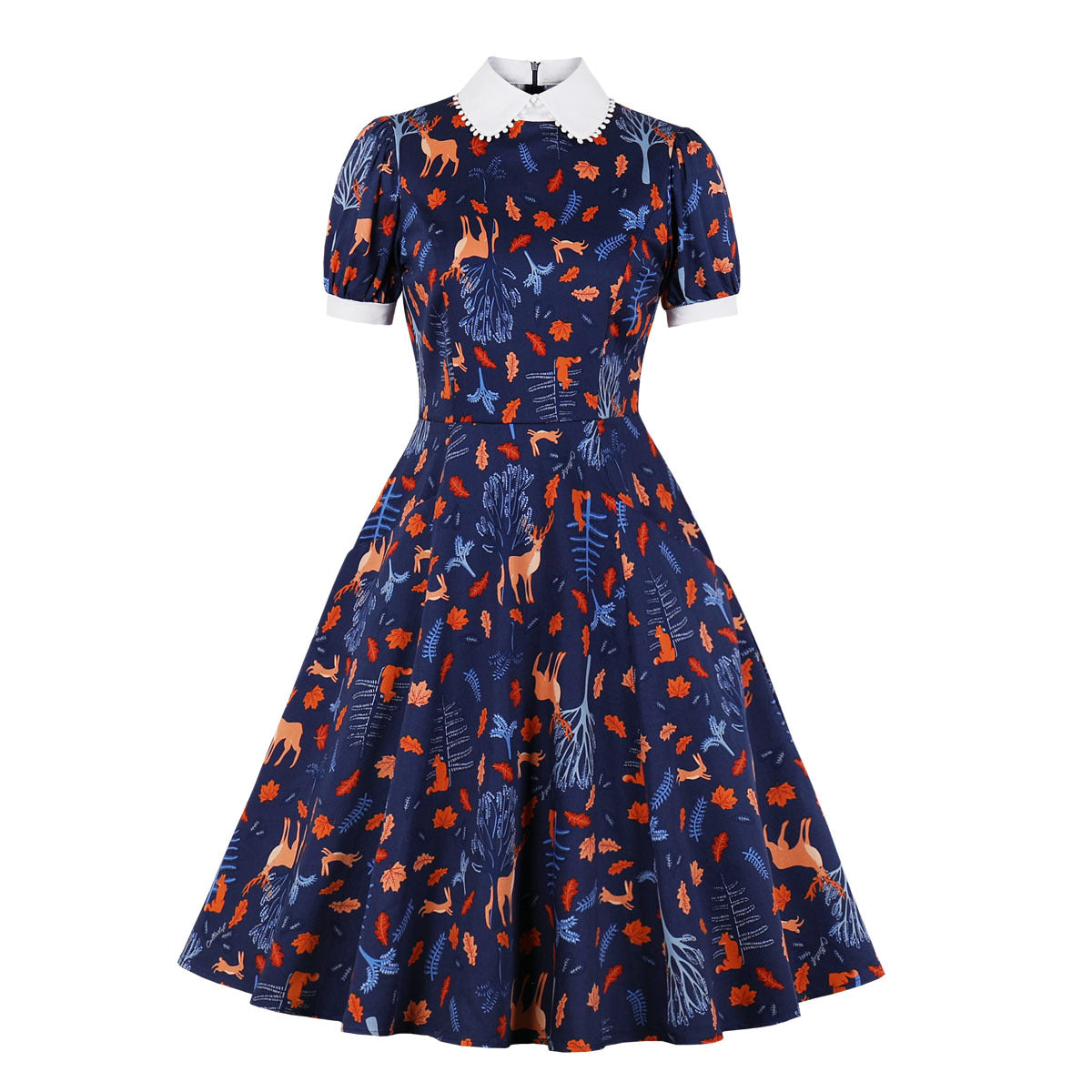 Vintage Blue Short-Sleeve Print Dress