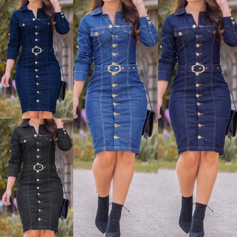 Sexy Slim Long-Sleeve Denim Dress for Women