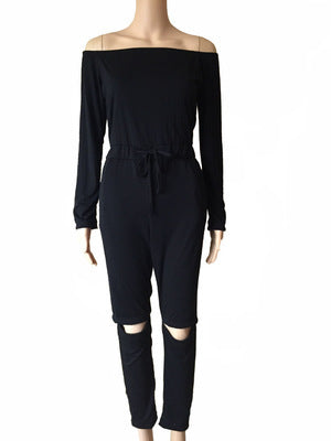 One-Shoulder Ripped Skinny Jumpsuit with Belt