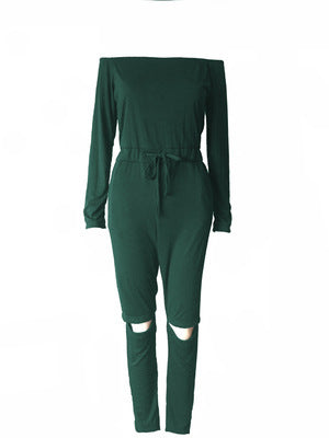 One-Shoulder Ripped Skinny Jumpsuit with Belt