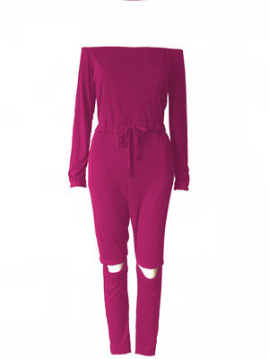 One-Shoulder Ripped Skinny Jumpsuit with Belt