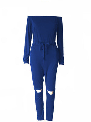 One-Shoulder Ripped Skinny Jumpsuit with Belt
